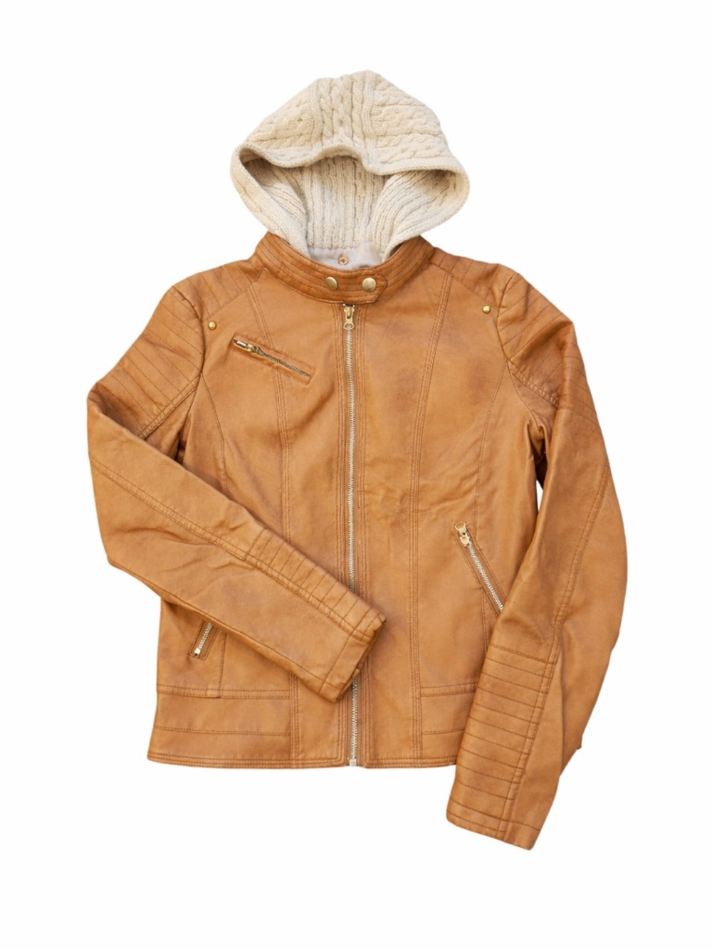 Baccini Faux Leather Moto Jacket Knit Hood Zip Edgy Casual Layer Petite Small PS
